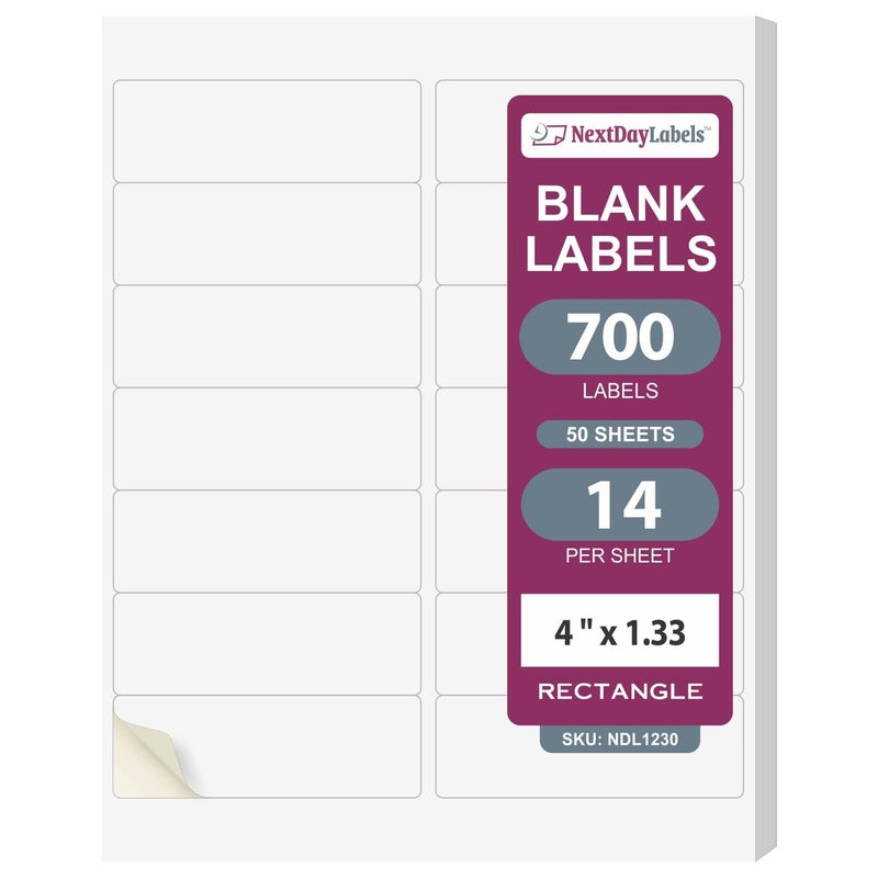 NextDayLabels â€“ 4" x 1-1/3" Rectangular Sticker Labels for Printer - White Laser/Inkjet Printer Labels Return Address Labels Shipping Label Stickers (50 Sheets, 14 Per Sheet, 700 Labels) - Image 1